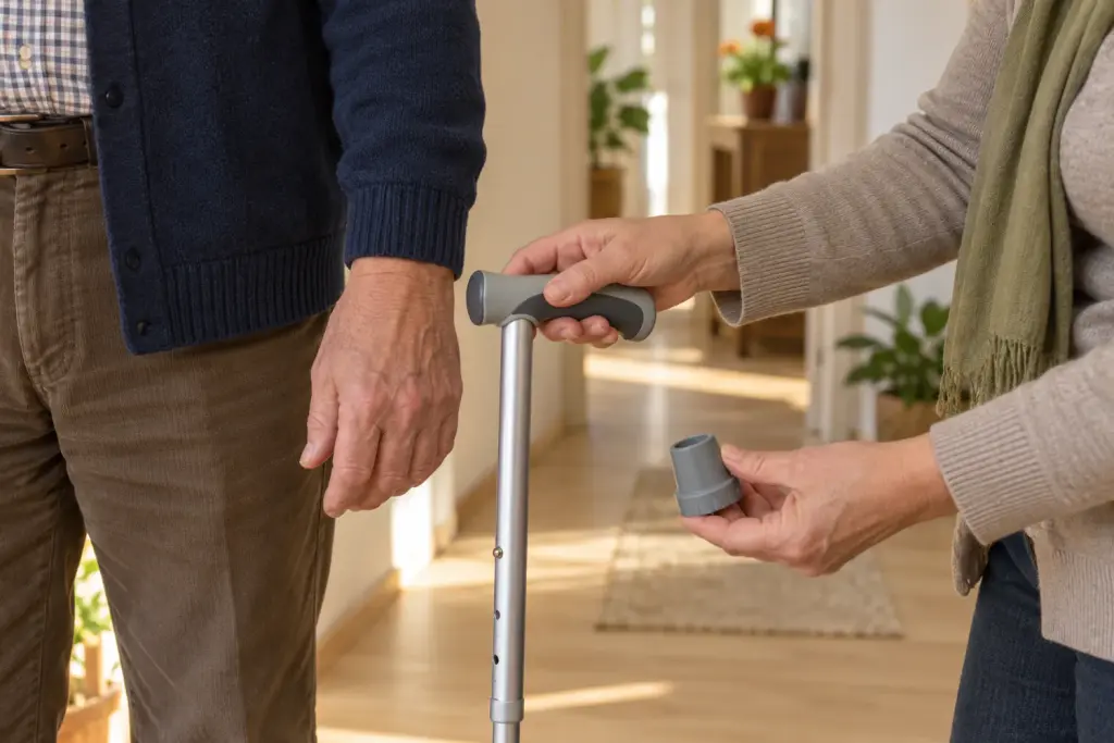 Close-up: one hand holds a walking stick’s handle while another shows a new rubber tip