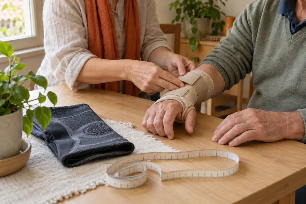 Hands adjust a wrist orthosis on a man’s wrist; a measuring tape and a lumbar support lie on the table