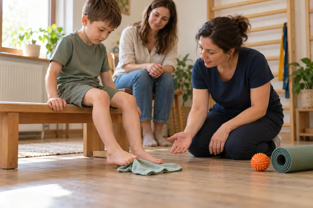 A boy of about seven picks up a towel with his toes while a kinesitherapist encourages him and his mother watches from behind