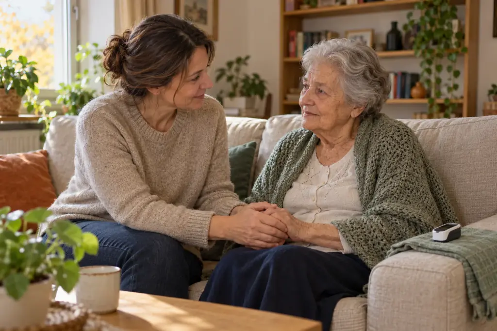 Дъщеря седи на дивана до възрастната си майка и я държи за ръката; до тях има пулсоксиметър