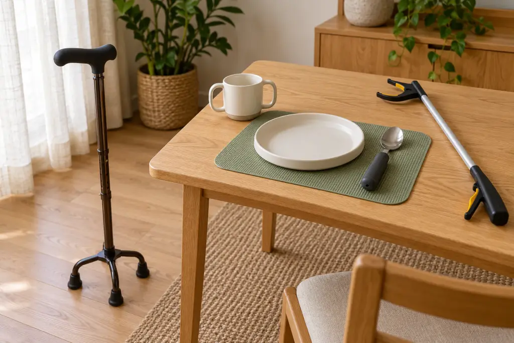 A four-point cane by a table with a mug, a plate with a raised rim and a thick-handled spoon on a non-slip mat, and a reacher