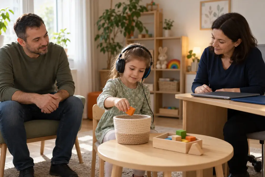 A girl wearing headphones drops a block into a basket during a hearing test, with her father and a specialist nearby