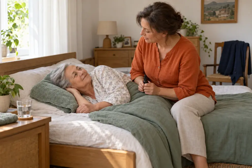 An older woman lies on her side in bed while her daughter sits beside her