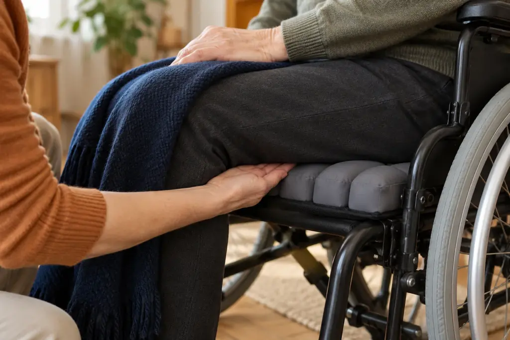 A carer’s hand slides under the thigh of a person in a wheelchair to check the cushion