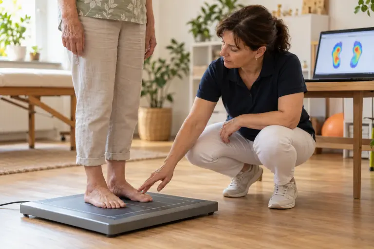 A woman stands barefoot on a computer foot diagnostics platform while a kinesitherapist explains the result to her