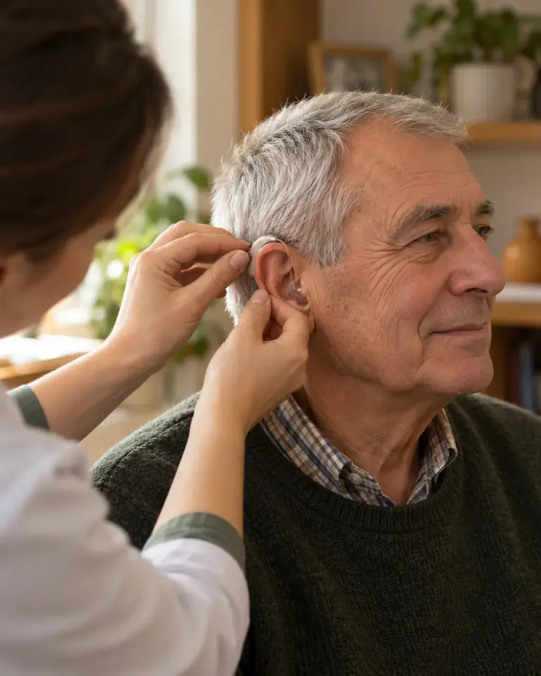 A specialist adjusts a behind-the-ear hearing aid on an older man