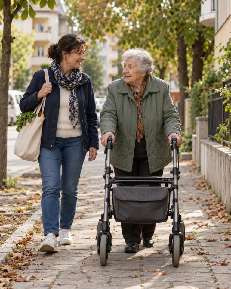 An older woman with a rollator walks with her daughter along a street lined with autumn trees