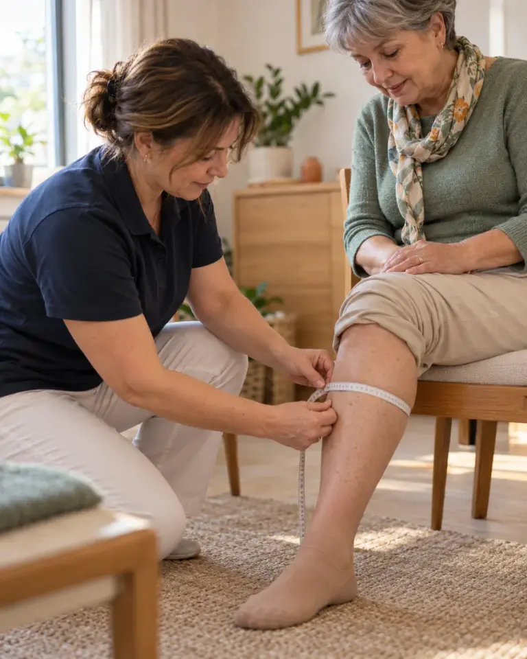 An adviser measures a woman's lower leg to choose compression stockings