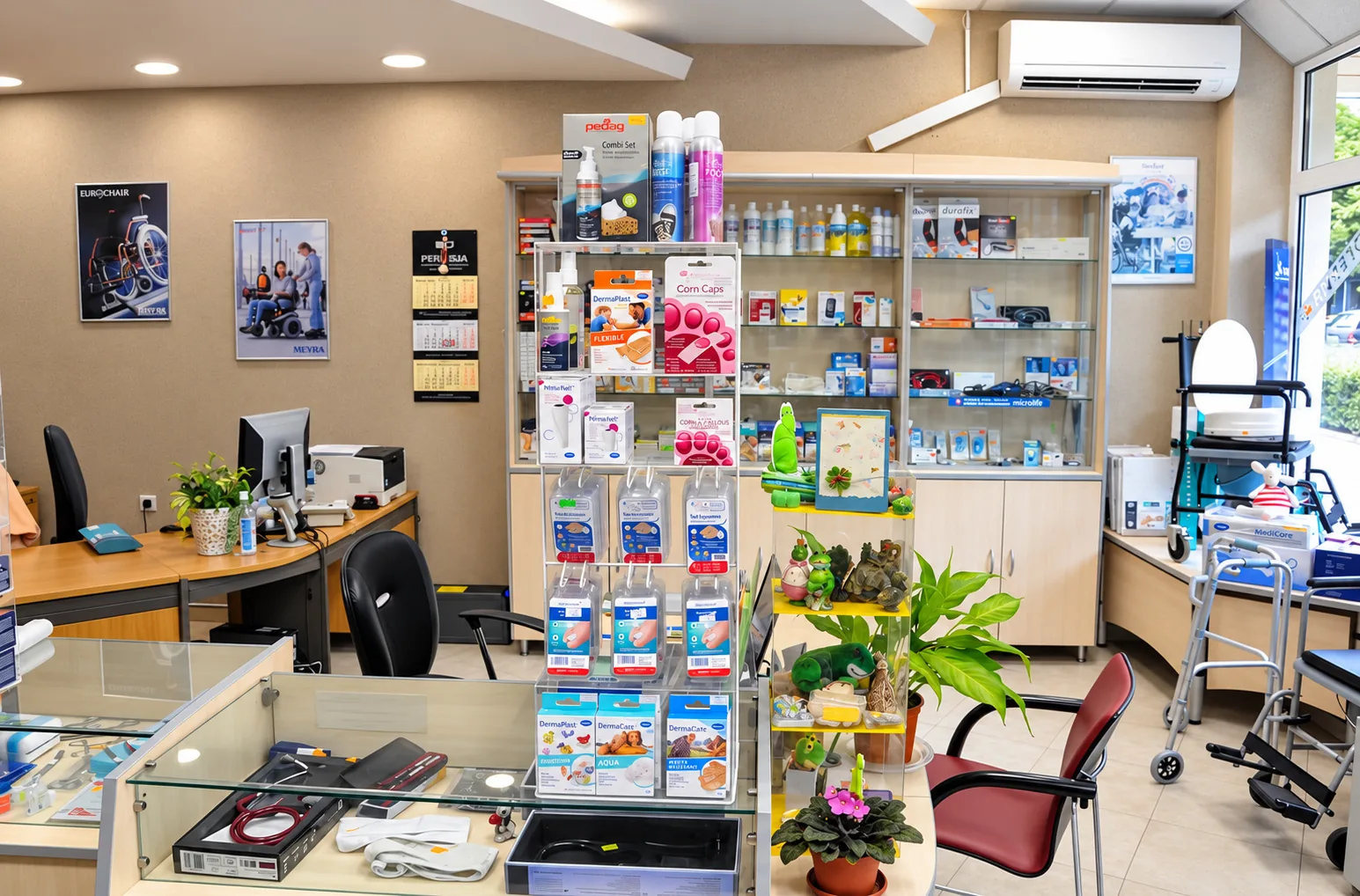 The counter with the computer in the Stara Zagora shop, a stand of foot care products and cabinets of medical devices