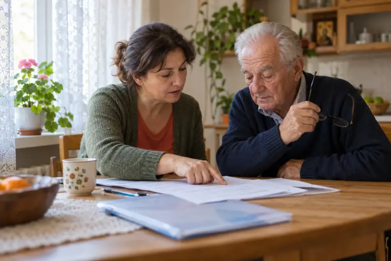A daughter helps her elderly father with the documents at the kitchen table
